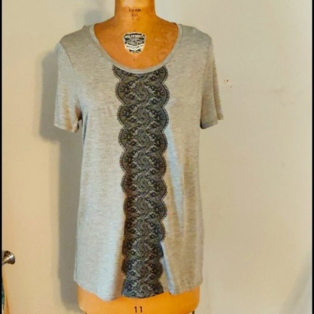 Jason Wu for Target Lace Panel Tee Medium Gray Short Sleeve Graphic Lace Top
